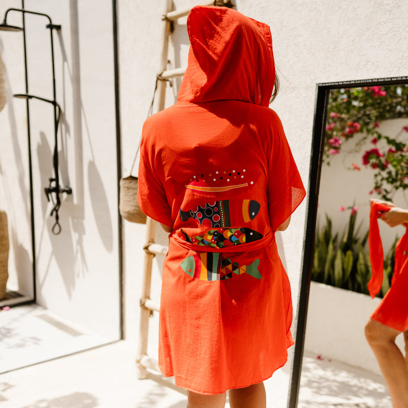 COTTON KIMONO WITH HOODIE - FOUR FISH