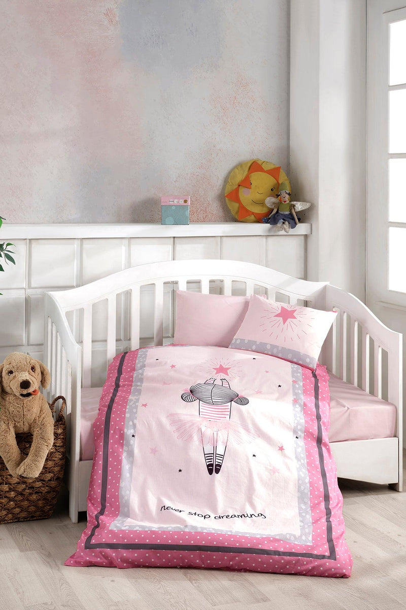 100% Turkish Cotton Baby Duvet Cover Set of 4  Size  Duvet cover: 100 cm x 150 cm  Flatsheet :120 cm x 160 cm  Pillows :35cm *45 cm each  Please note that the duvet is not included.  Product Details  Complete your little one's bedding with the cute panda design on the duvet set. Made from 100 % Turkish Cotton, our machine washable sets consist of a duvet cover, a flat sheet and two matching pillow cases. Little ones will absolutely enjoy snuggling into soft cotton fabric. Sweet dreams :)